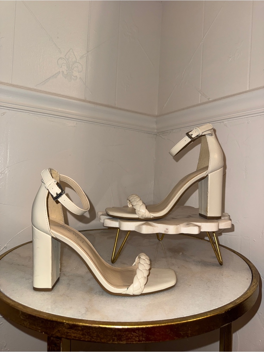 Nine West Cream Braided Strap Block Heel